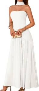lot 161596 image: ChiaoLezhee Womens Maxi Tube Dress with Scarf, Drop Waist High Slit Formal Prom, Wedding Guest Cocktail Party Gown