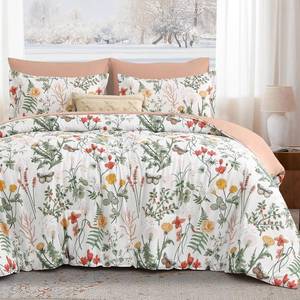 lot 161603 image: Yiran 7 Piece Floral Comforter Set Queen Size,Pink Green Summer Bedding Set