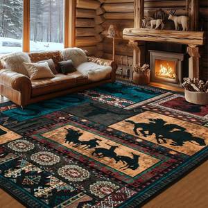 lot 161612 image: Aisthitiki Rustic Western Cabin Area Rug 6x9 Soft, Low Pile, Thin & Machine Washable Geometric Southwestern Pattern Rug Perfect for Living Room, Bedroom, Home Office & Lodge, Deep Blue & Wine Red