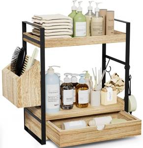 lot 261641 image: 2-Tier Bathroom Counter Organizer, Wooden Vanity Shelf with Drawer & Basket