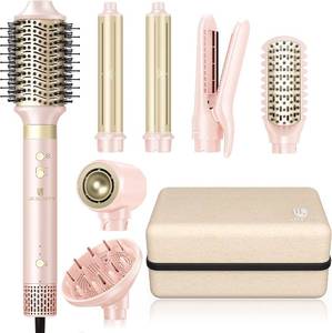 lot 261646 image: Retails for $110 Hair Dryer Brush 8-in-1 Dual Voltage Hot Air Styler   Fast-Drying 110,000 RPM Ionic Blow Dryer with Straightener & Curler Attachments, Frizz-Free Volumizing Styler with Protective Hard Case-Pink