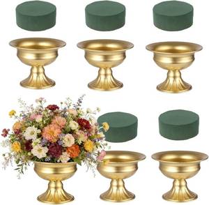 lot 261657 image: 6 Pcs Gold Vases for Centerpieces Set with Floral Foams, Vintage Metal Urn Planter, European Style Gold Flower Vase for Wedding Party Anniversary Home Decor