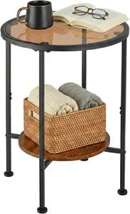 lot 361620 image: Round Side Table, Tempered Amber Glass Top, Black Metal Frame