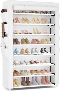 lot 361627 image: VILICK Shoe Rack with Cover, 8 Tier Tall Shoe Organizer Storage for 36-45 Pair Shoes and Boots Large Shoe Storage Shelf Free Standing Shoe Rack for Closet, Front Door Entrance, Dorm, Garage, White