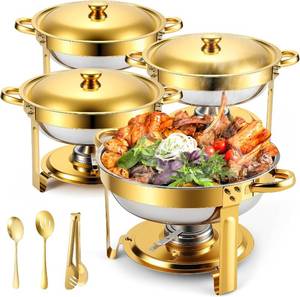 lot 361643 image: Retails for $110 Chafing Dishes Buffet Food Warmer - Parties Servers Trays Catering Dish Warming Display Set - Chafers Keep Warm Serving Tray Round Heating Kit with Burners 4 Set Gold