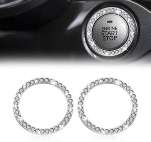 lot 361657 image: 2 Pcs Crystal Rhinestone Car Engine Start Stop Decoration Ring, Push to Start Button Cover, Bling Car Accessories for Women, Key Lgnition Starter Knob Ring (White)