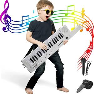 lot 461477 image: Digital Piano Keyboard 37 Keys, Portable Karaoke Keytar wMicrophone & Carry Strap, 4 Tones, 4 Rhythms, 10 Demo Songs, Rechargeable, Guitar Birthday Gift Toy for Boys Girls Kid Age 3, White