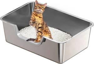 lot 461479 image: Stainless Steel Cat Litter Box, Steel Litter Pan with Curved Low Entry, Leak Proof 6 Inch High Side for Urine, Easy Entry for Kittens Older Cats, No Slip, 23.6 x 15.7 x 7.9, Silver