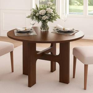 lot 187318 image: Retails for $280 Round Wood Dining Table for 4-6, 47 Inch Modern Circle Kitchen Tables with Pedestal Base, Farmhouse Dinner Table for Dining Room, Living Room, Home, Walnut