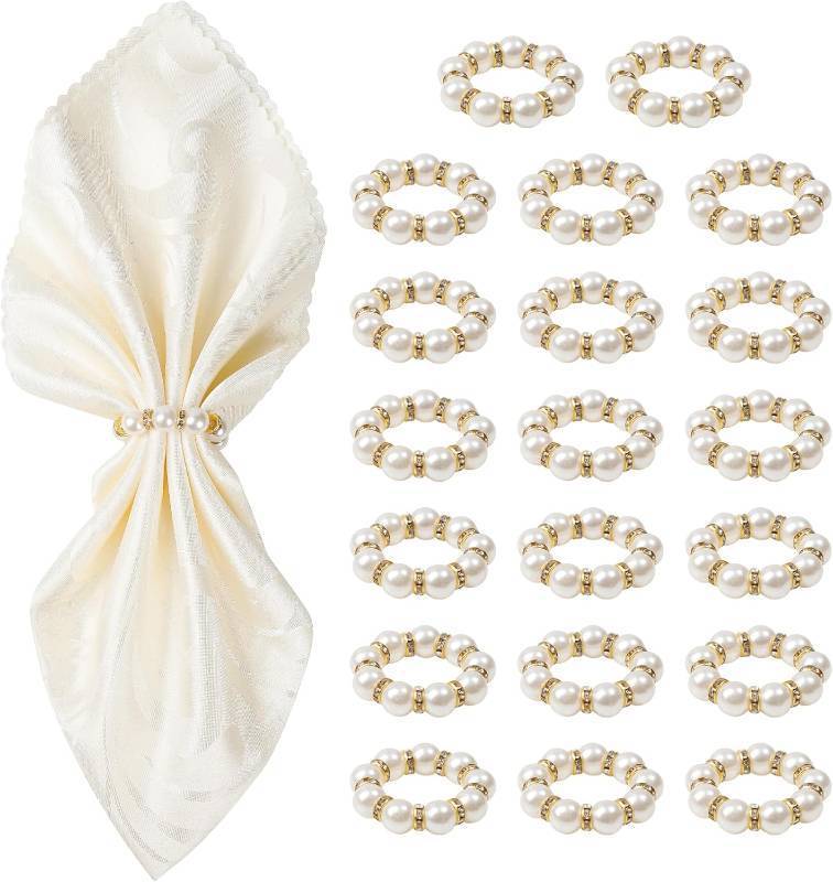 lot 1629 image: Gold Napkin Rings, 20 Pcs - Imitation Pearl, Rhinestone Beaded Napkin Holde