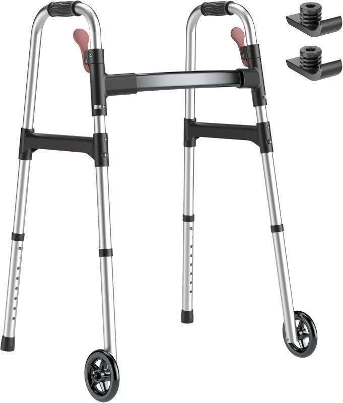 lot 1075 image: $57 Walkers for Seniors, One-Hand Folding, 8-Height, 2 Skis, 5 Wheels, Alum
