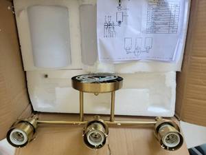 lot 4 image: 3-Light Bathroom Vanity Fixture with Glass Shades and Brass Hardware - Retail $0
