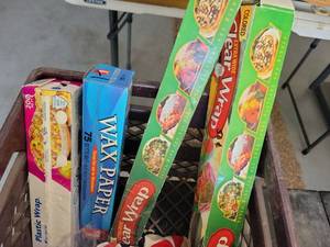 lot 58 image: Lot Kitchen Paper Products Wax Paper Plastic Wrap Hot Cups - Retail $0