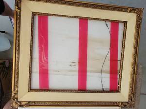 lot 78 image: Ornate Gold Frame with Mat and Red Striped Insert 26hx22l - Retail $0