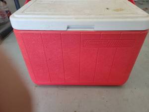 lot 84 image: Coleman Red and White Cooler with Lid - Retail $0