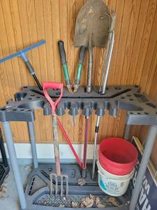 lot 86 image: Garden Tool Set with Storage Rack Shovel Spade Rake Hoe - Retail $0