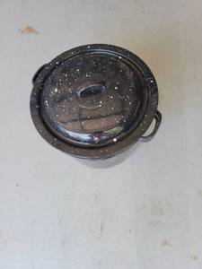 lot 98 image: Black Speckled Enamel Canning Pot with Lid and Strainer insert - Retail $0