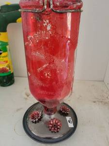 lot 119 image: Red Glass Hummingbird Feeder with Flower Perches - Retail $0