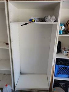 lot 150 image: White Shelving Unit with Adjustable Shelves this one is a little bit rougher shape. Some of the tabs are broken for the shelves 70x30 - Retail $0
