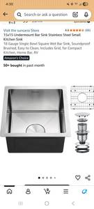lot 170 image: Suncano 15x15 Undermount Bar Sink 18 Gauge Stainless Steel Single Bowl - Retail $0