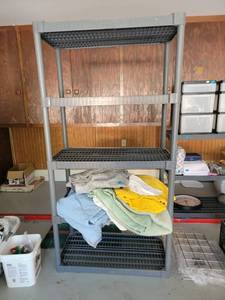 lot 176 image: One tier has a crack (see image) 5-Tier Shelving Unit with Grid Shelves, 36 in width, 18 in depth, 71 in height