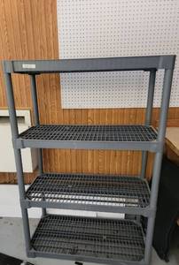 lot 180 image: Crack in top tier (see photos) Grey plastic 4 tier shelf. 36 in length, 18 in depth, 54 in height