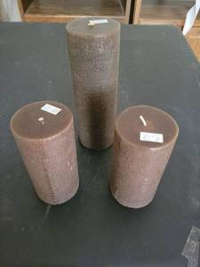 lot 206 image: Pillar Candles 3-Piece Lot Unscented Cylinder Brown