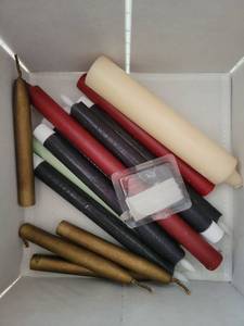 lot 212 image: Candle Lot 10 Piece Mixed Colors Pillar Taper some real some fake