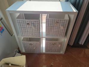 lot 213 image: Storage Shelving Unit with 4 Fabric Baskets 30Hx30Lx14.5D plus 2 extra baskets different pattern
