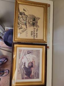 lot 220 image: 2 Framed Cat Print with Netting and Text