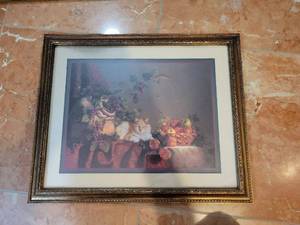 lot 222 image: Framed Floral Print with Cherub and Cat Motif 22x18