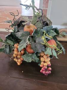 lot 227 image: Faux Fruit and Foliage Decorative Arrangement with Carved Tray Base