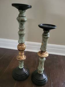 lot 232 image: Pair of Candlesticks with Patinated Metal Stems and Black Bases