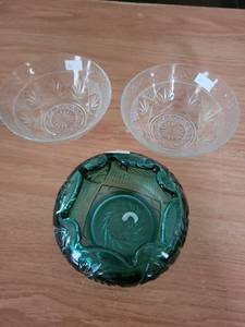 lot 252 image: Glass Bowl Lot 2 Clear Cut Glass Bowls and 1 Green Pressed Glass Bowl