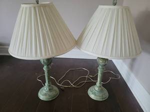 lot 311 image: Pair of STIFFELS Table Lamps with Pleated Shades and Patina Metal Bases very heavy
