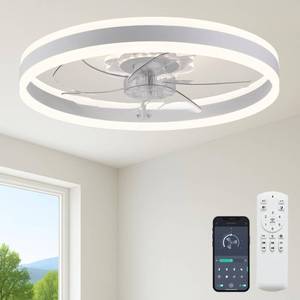 lot 467 image: Fszdorj 23.6 Ceiling Fan with Light, Upgraded Low Profile Fan, Flush Mount Ceiling Fan, 6 Speeds, Dimmable LED, App & Remote Control, Quiet DC Motor, for Bedroom, Living Room, F105 White N