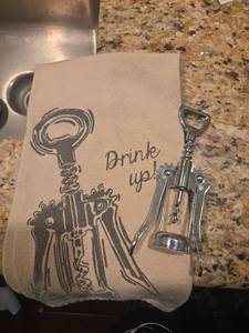 lot 474 image: Drink Up Kitchen Towel with Corkscrew