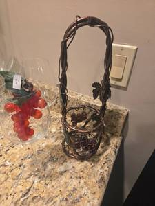 lot 478 image: Decorative Wine Glass Holder with Grape and Leaf Design, Two Wine Glasses