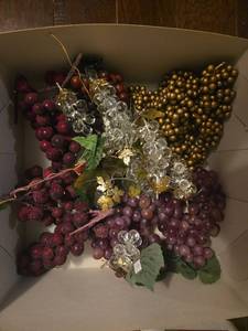 lot 502 image: Decorative Faux Fruit Grape Clusters Lot - Red Clear Gold Branches