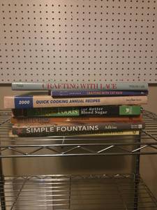 lot 524 image: Book Lot Crafting with Lace, Cat Hair, Cooking, Magic Foods, Blood Sugar, Stretching, Simple Fountains (7 books)