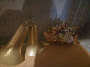 lot 565 image: Gold Glitter Bell Ornaments and Angel Figurine with Basket Lot