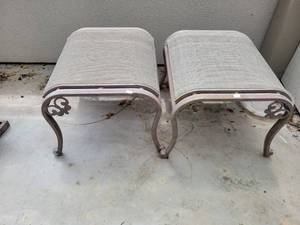 lot 611 image: Pair of Upholstered Ottomans with Scrolled Legs