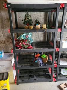 lot 665 image: 4-Shelf Plastic Storage Shelving Unit Red Handles40Lx 24Dx72inH  shelving racks only content not included