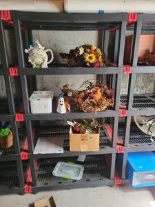 lot 666 image: 4-Shelf Plastic Storage Shelving Unit Red Handles40Lx 24Dx72inH  shelving racks only content not included