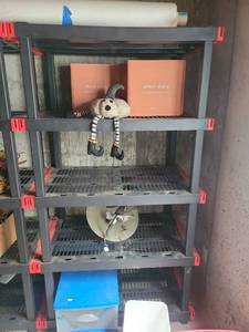 lot 667 image: 4-Shelf Plastic Storage Shelving Unit Red Handles40Lx 24Dx72inH  shelving racks only content not included
