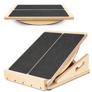 lot 1816 image: 2-in-1 Professional Wooden Balance Board & Slant Board, Four Adjustable Incline Board and Calf Stretcher, Stretch Board for Knees Ankle Heel Feet Leg - Retail $46