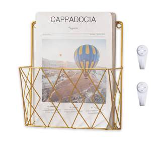 lot 1844 image: kumet Wall-Mounted File Organizer, Metal Wall File Holder, Magazine Rack, Space-Saving Design, Ideal for Home Office, Workspace, and Study Room Organization (Gold) - Retail $19