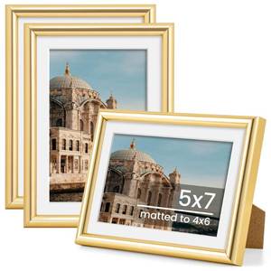 lot 1868 image: FLYJOE 5x7 Picture Frame, Display Pictures 4x6 with Mat or 5x7 Without Mat, Wall and Tabletop Display Photo Frame, Gold, 3 Pack - Retail $754
