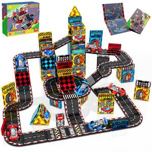lot 1877 image: Magnetic Tiles Road Set  Magnet Tiles Race Track, Magnetic Car Racing Tile for Kids Ages 4-8 5-7, Magnetic Tile Rails Building Toys STEM Learning Sensory Birthday Gifts for 3 Years Old Boys Girls - Retail $18