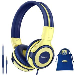 lot 1887 image: SIMOLIO Manyshare Series- Kids Headphones with Mic for Tablet iPad Laptop, 758594dB Volume Limit Headphone for Kid wShare Port for Toddler, Durable Yellow Headset wCarry Bag for Travel Classroom - Retail $16